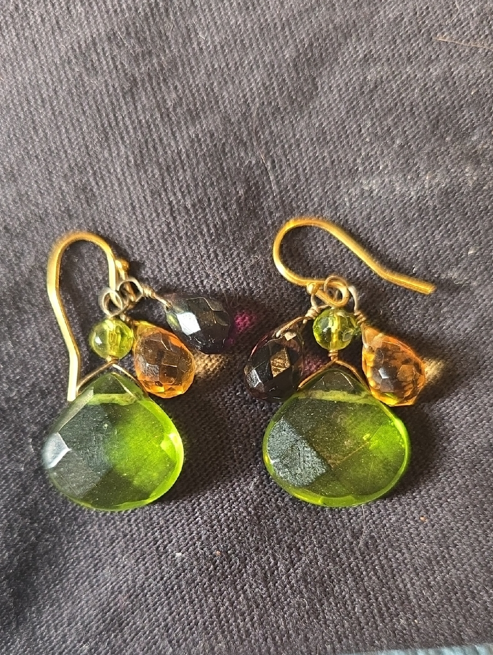 Gold-Tone Green, Plum and Amber Color Faceted Teardrop Glass Bead Earrings